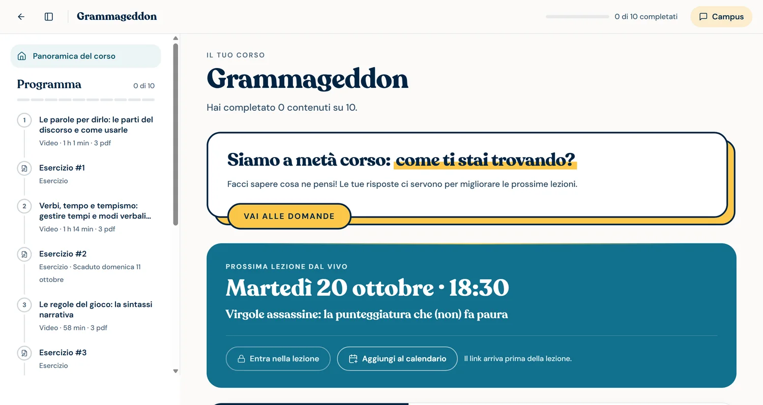 La pagina del corso Grammageddon dentro Ultima Pagina Academy