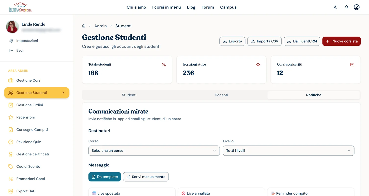 La gestione degli studenti nell'area admin di Ultima Pagina Academy
